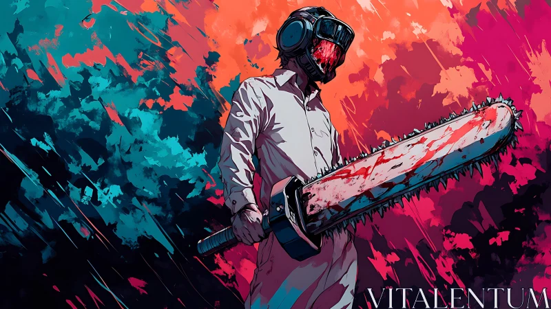 Chainsaw-wielding figure in chromatic turbulence, helmeted stance.