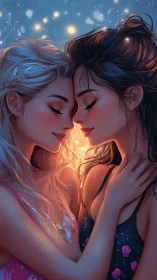 Two Figures Sharing Luminous Moment in Starlit Setting.