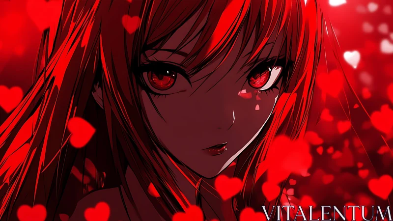 Red anime girl with glowing heart eyes in bokeh storm.