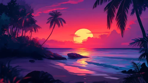 Tropical shoreline bathed in vivid neon sunset glow.
