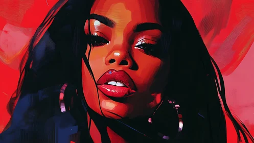 Digital portrait of woman with red background and highlights.