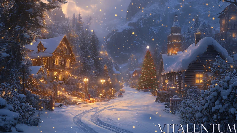 Snow-covered alpine village street uses warm bokeh lighting contrast