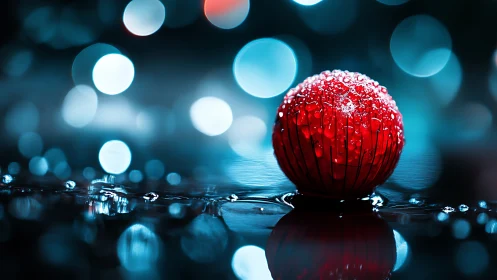 Photorealistic red sphere with macro bokeh and wet surface focus.