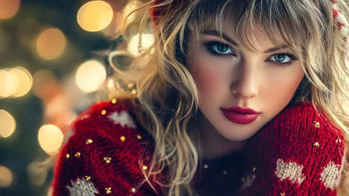 Holiday portrait with sparkling bokeh and red knit sweater.