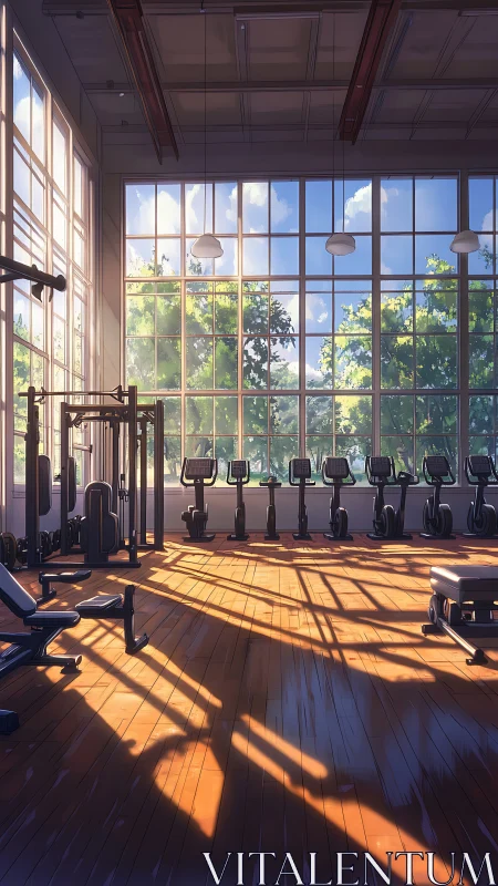 Sunlit cardio studio with panoramic glazing and wood flooring.