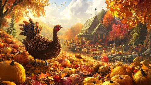 Autumn turkey patrol guards a glowing pumpkin homestead.