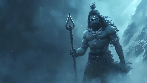 Mystic mountain guardian strides through swirling blue mist.