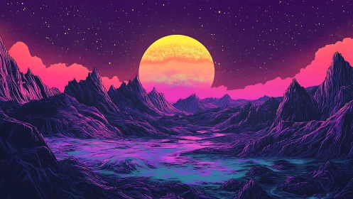 Neon alien landscape under massive glowing moon at dusk.