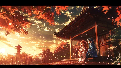 Warm autumn shrine sunset welcomes two quiet friends