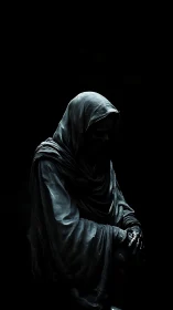 Hooded skeletal reaper emerges from darkness in eerie calm