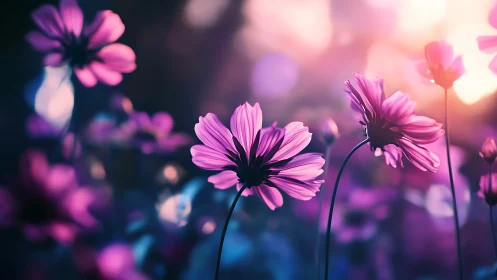 Soft purple wildflowers glow gently in dreamy evening light