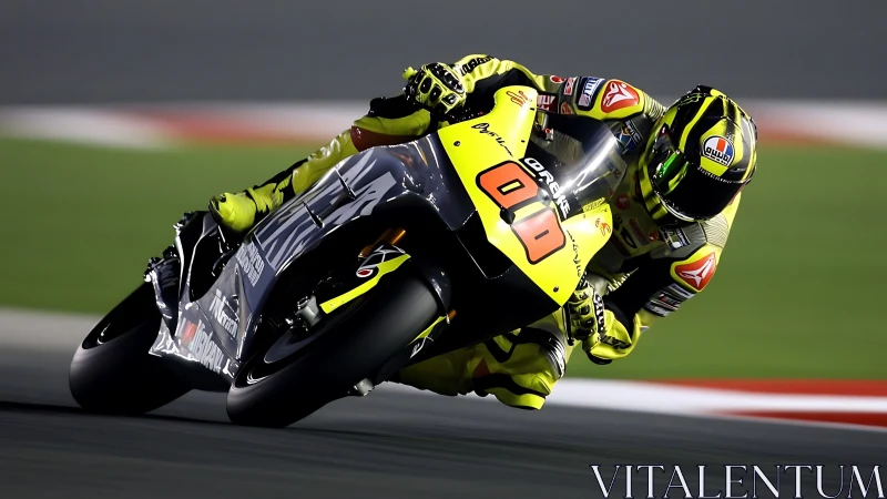 Motorcycle racer leans into high speed corner on track