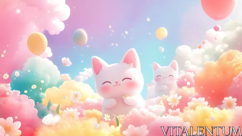 Smiling Cats Among Clouds and Flowers in Dreamy Sky