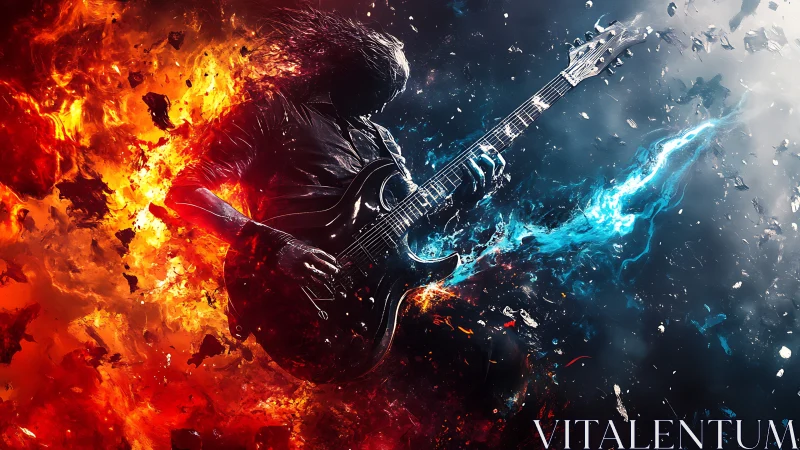 Silhouetted guitarist divides fiery and icy digital environment