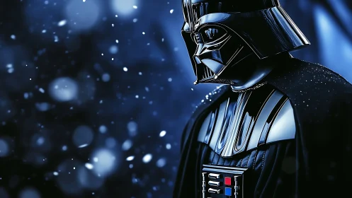 Armored sci fi figure in snow under cool blue lighting.