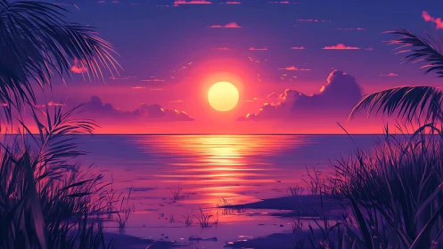 Vibrant tropical sunset over calm ocean horizon view.