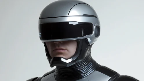 Futuristic cyborg officer with reflective visor helmet