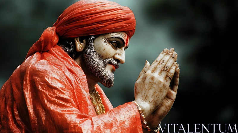 Statue of praying elder in red robe captured in profile