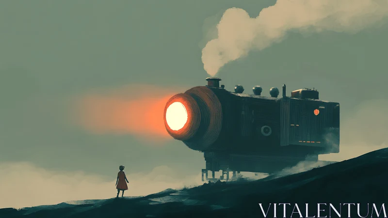 Steam locomotive with large headlight facing lone figure.