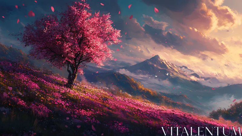 Isolated pink-blossom tree on sloping meadow at sunset.