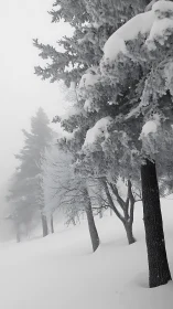 Snow-laden fir trees stand in a quiet winter fogscape.
