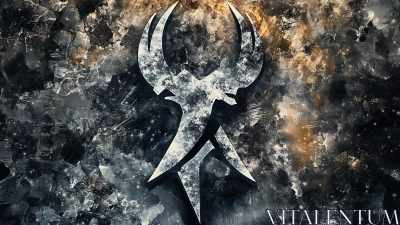 Abstract metallic emblem on textured cosmic background.