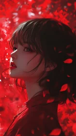 Crimson petals orbit a quiet girl caught in sideways light