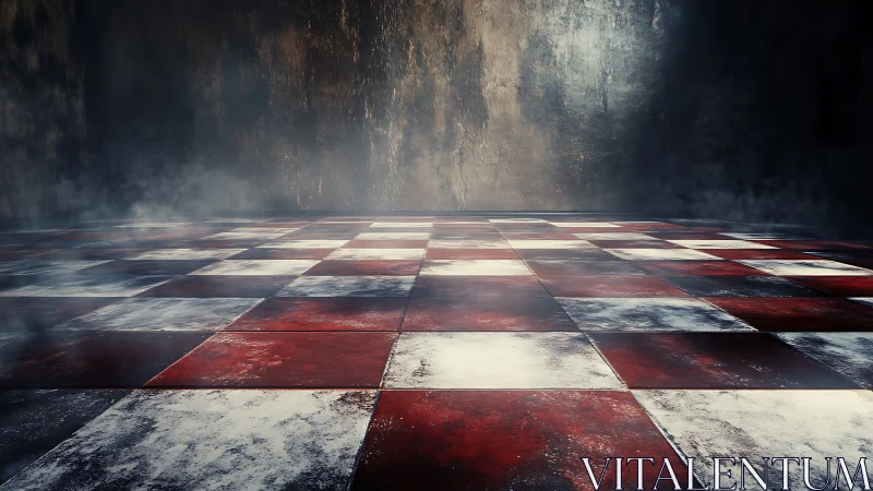 Cinematic red and white checkered floor in misty chamber.