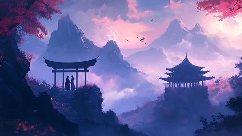 Silhouetted figures stand by gate above misty mountain temple