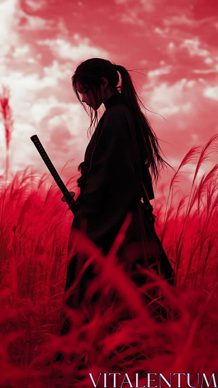Samurai silhouette in monochrome red grassland at dusk