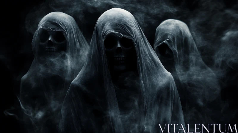 Hooded skeletal wraiths emerge through dense spectral fog.