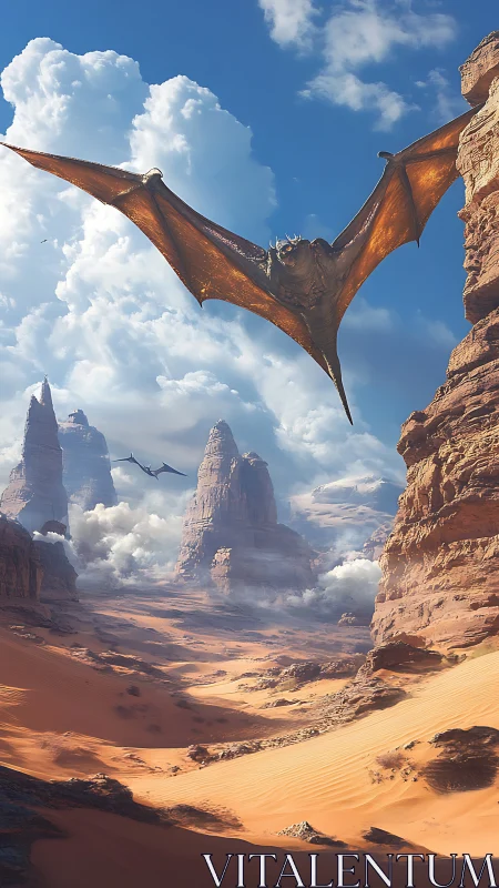 Dragon glides over sunlit desert canyon under tall clouds