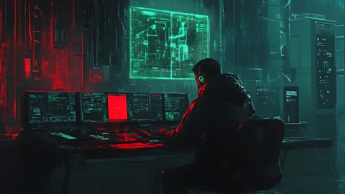 Neon-drenched hacker orchestrates code in glowing shadows.