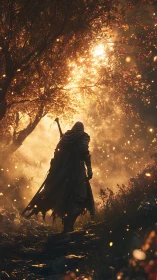 Hooded wanderer in ember-lit forest clearing, strong backlight