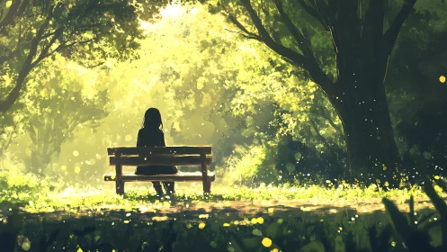 Solitary figure on park bench under sunlit forest canopy.
