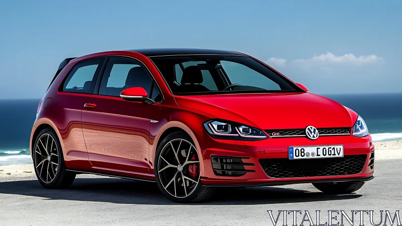 Sunlit red hatchback waits by the sea for a joyful drive