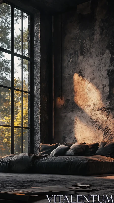 Loft bedroom receives warm sunset light through tall window
