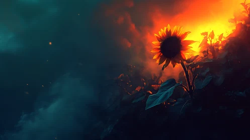 Cinematic sunflower silhouette against bi-chromatic storm glow.