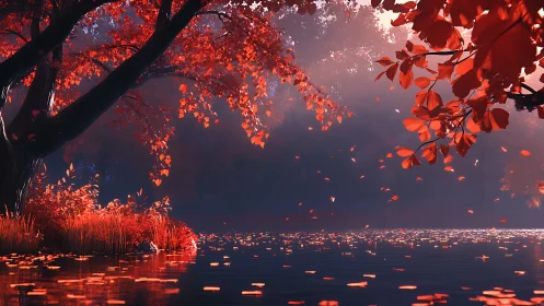 Autumnal lakeside canopy renders volumetric light and reflective water