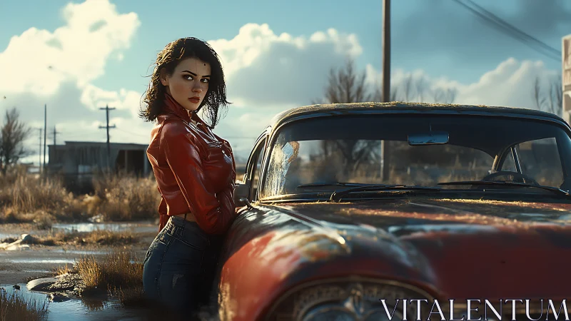 Woman in red jacket leans on rusted classic car at dusk