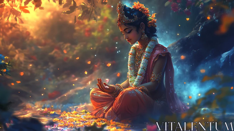 Meditating deity cradles enchanted light in twilight grove.