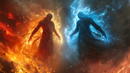 Contrasting fire and ice cloaked figures confront each other