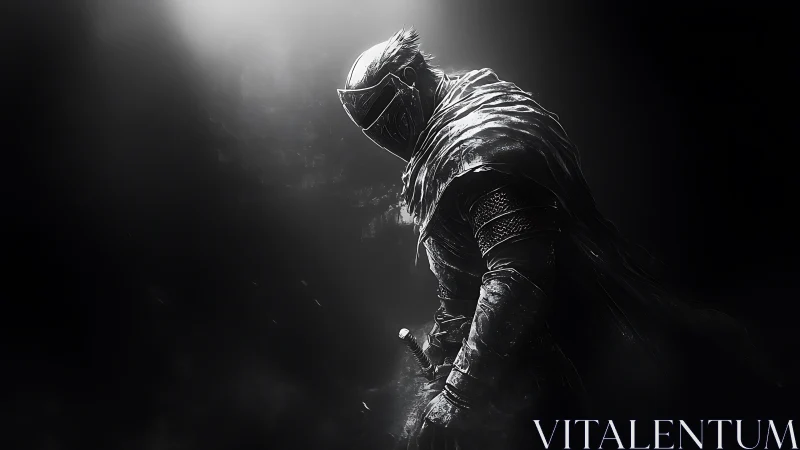 Armored knight stands in dramatic side light within darkness