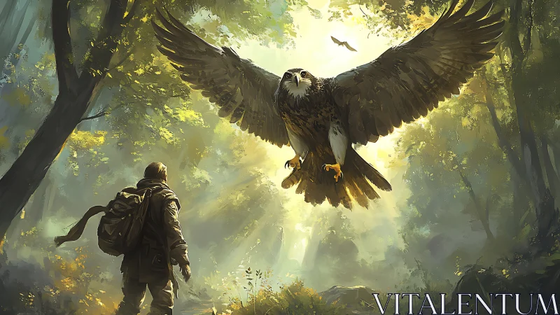 Adventurer encounters giant hawk in sunlit fantasy forest painting.