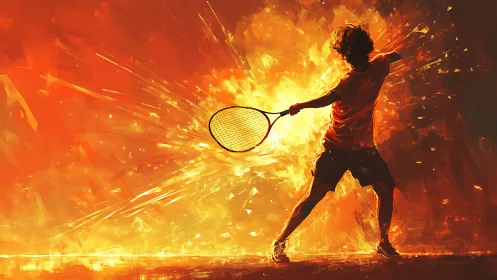 Silhouette tennis player executes forehand against abstract light