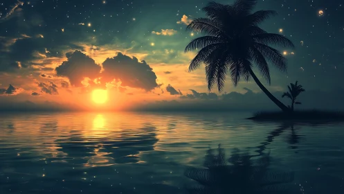 Digital painting seascape with silhouetted palm island at dusk.