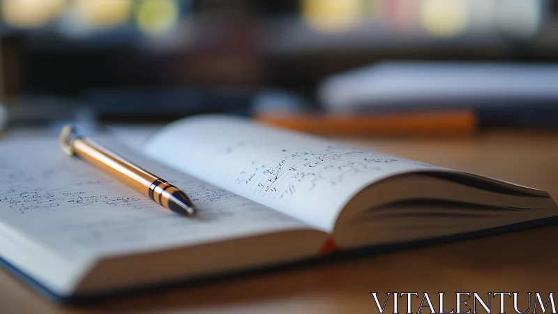 Open notebook with pen on desk in soft indoor light.