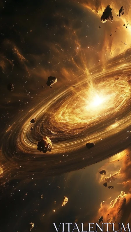 Glowing cosmic vortex swirling with golden stardust and light.