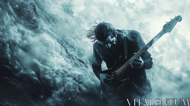 Guitarist riding stormy waves of sound in swirling light.
