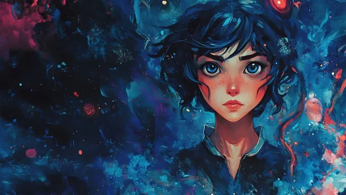 Digital painting portrait with cosmic blue expressionist field.